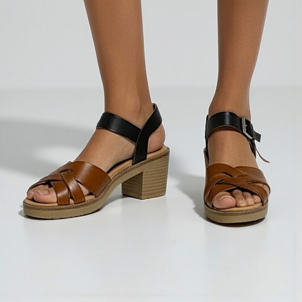 Pikolinos Canarias Brandy & Black Calf Leather Heeled Sandals - Size 41 /10 NEW